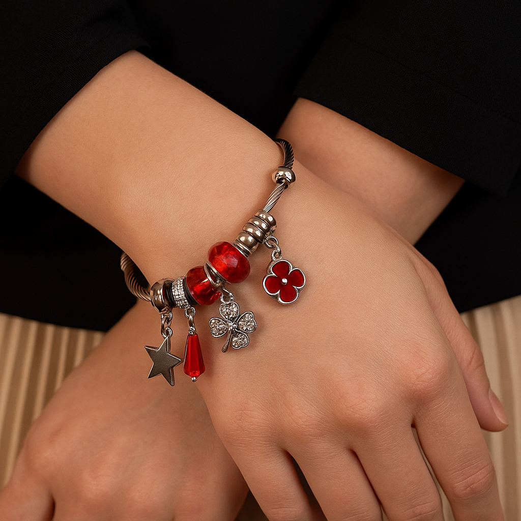 Lunara Red Floral Lucky Clover Charm Bracelet