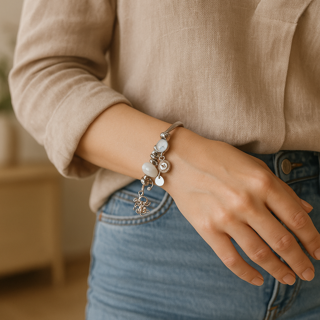 Lunara White Pearl Charm Bracelet with Evil Eye