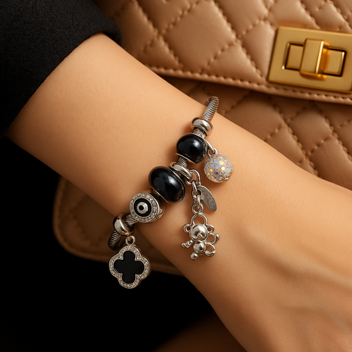 Lunara Classic Black Charm Bracelet with Teddy & Clover