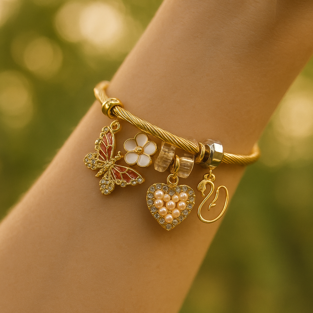 Lunara Gold Swan & Pearl Heart Charm Bracelet