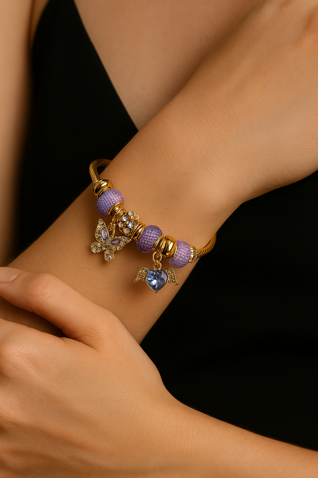 Lunara Royal Amethyst Heart and Butterfly Gold Charm Bracelet