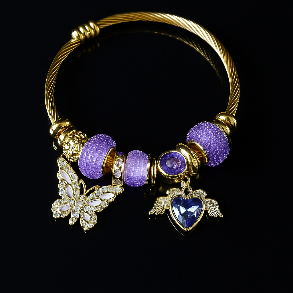 Lunara Royal Amethyst Heart and Butterfly Gold Charm Bracelet