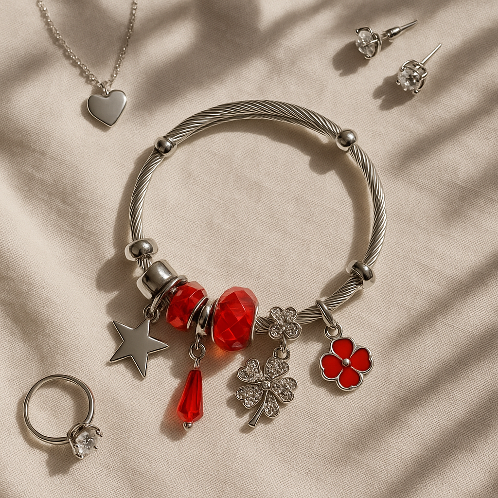 Lunara Red Floral Lucky Clover Charm Bracelet