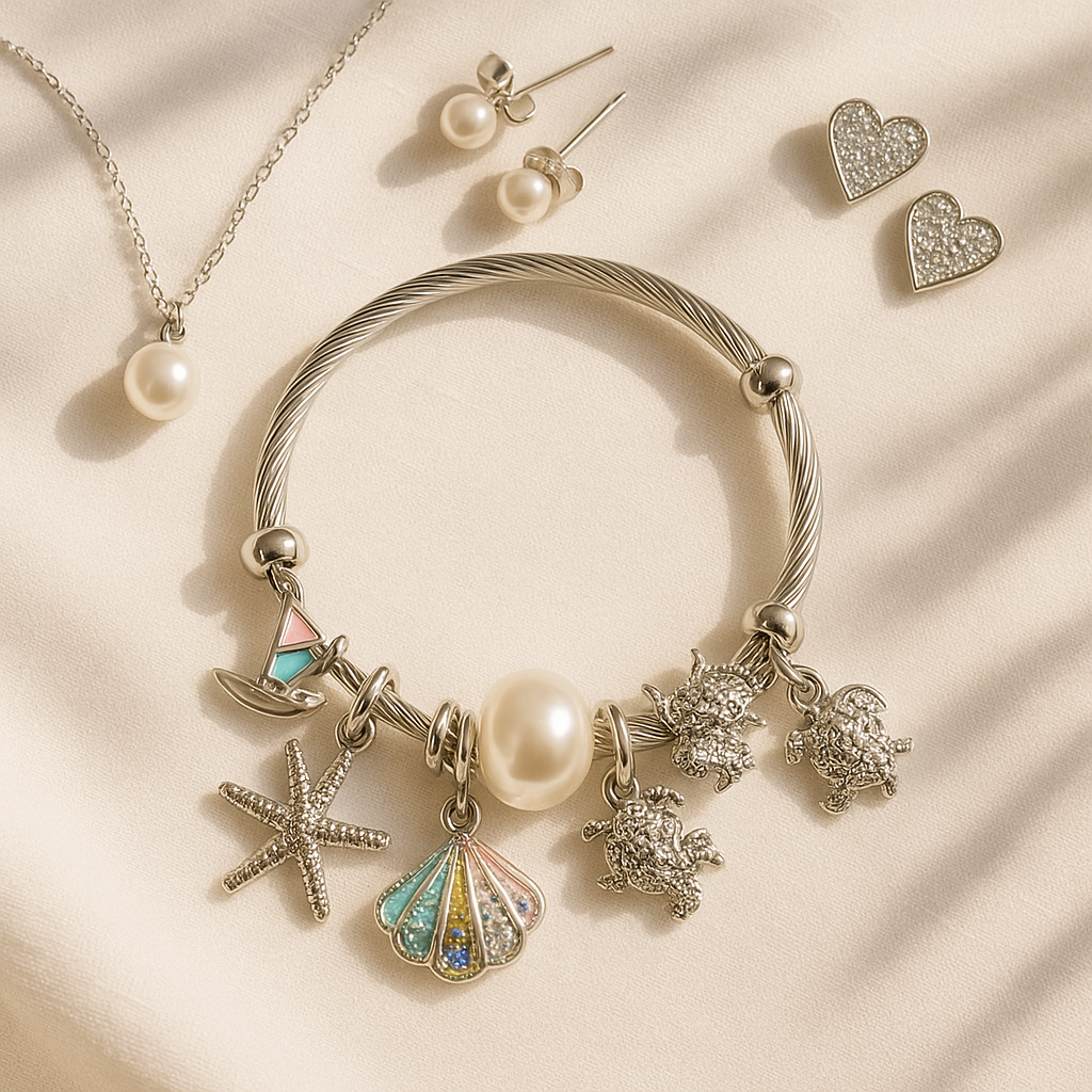 Lunara Sea Shell & Starfish Charm Bracelet with Pearl