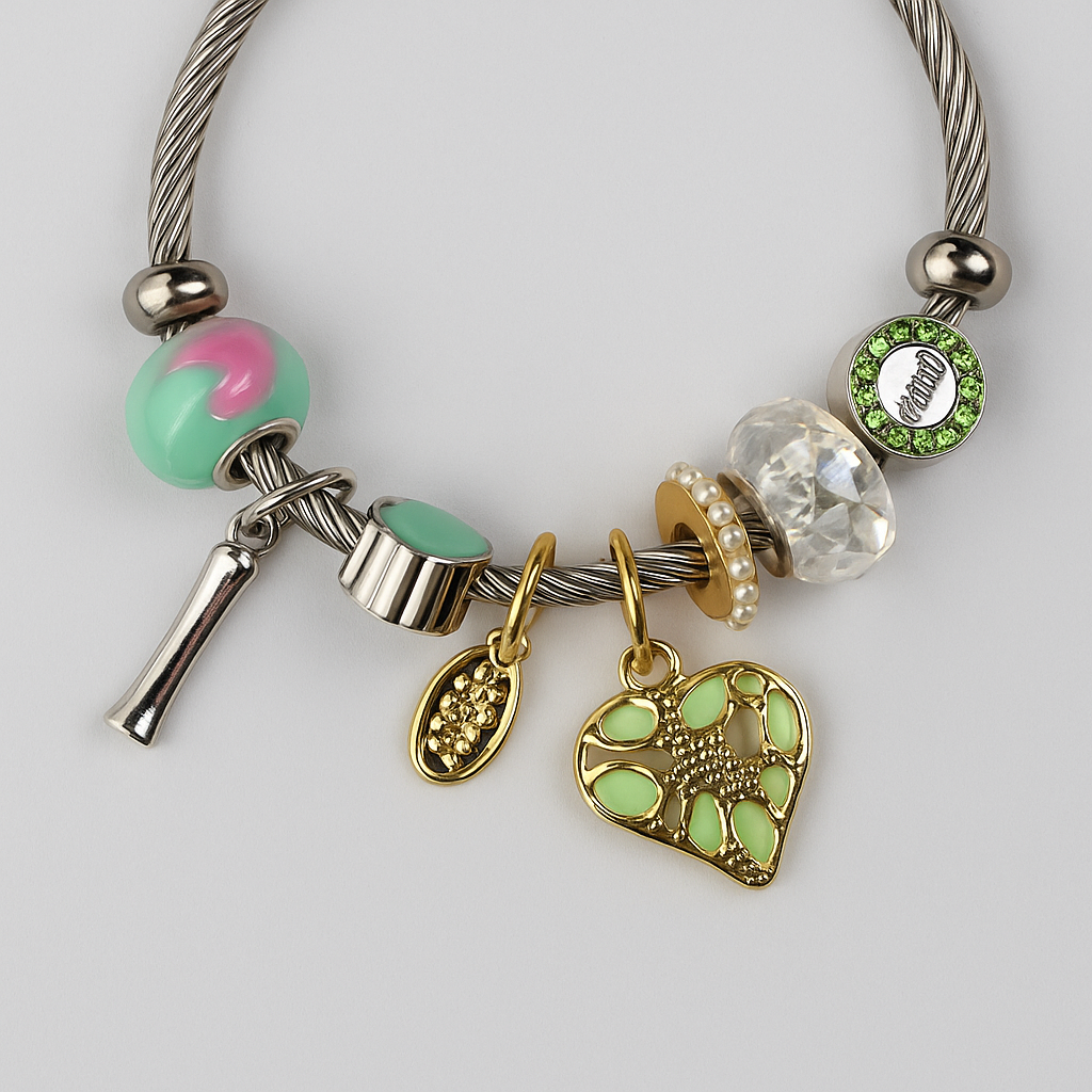 Lunara Mint Green Heart Charm Bracelet with Crystal Accents