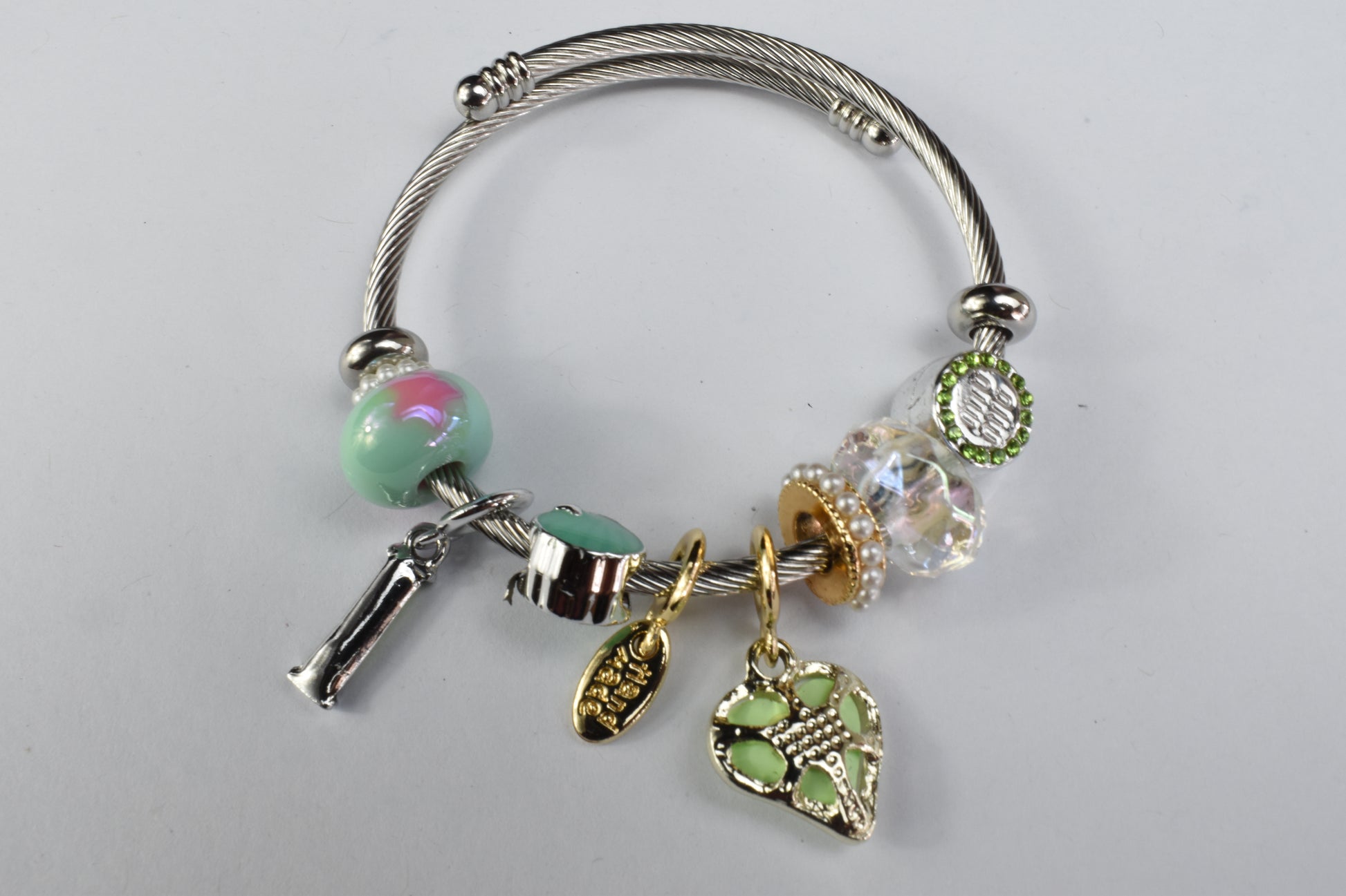 Lunara Mint Green Heart Charm Bracelet with Crystal Accents